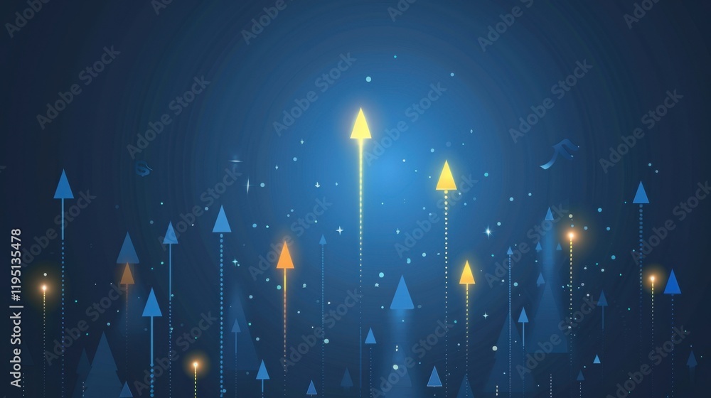 Poster dynamic arrows pointing upward in blue background symbolize growth and progress. design features var