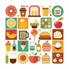 A grid of many small, simple icons representing various foods, drinks, and cooking-related items with white background