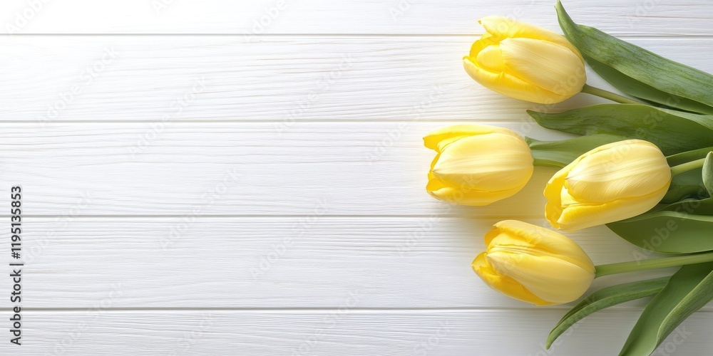 Poster yellow tulips with green leaves arranged on a white wooden surface in a top view layout vibrant colo