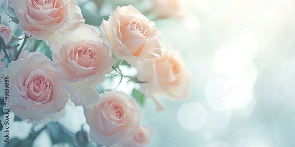 Poster soft pastel pink roses arranged in a delicate frame create a serene background with bokeh effect and