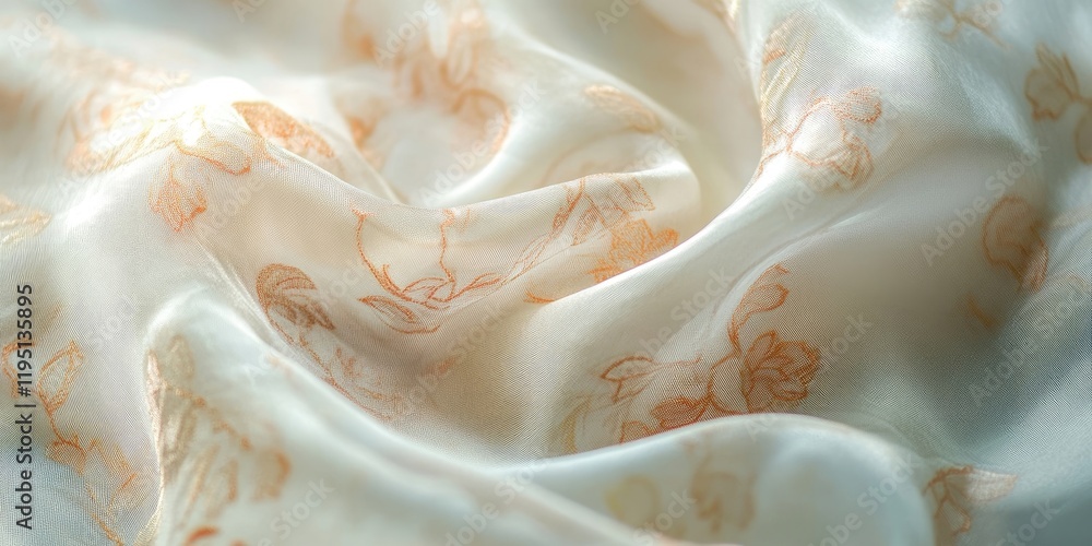Poster delicate silk fabric in soft cream with subtle peach floral patterns draped elegantly, showcasing ge