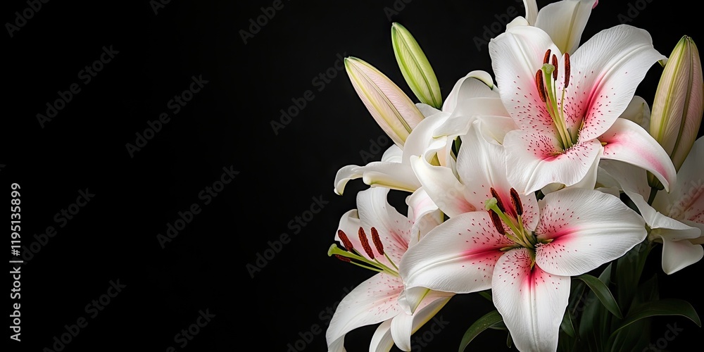 Poster elegant white and pink lily bouquet positioned in bottom right corner against a deep black backgroun