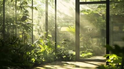 Sunlit indoor garden, lush foliage, glass walls.