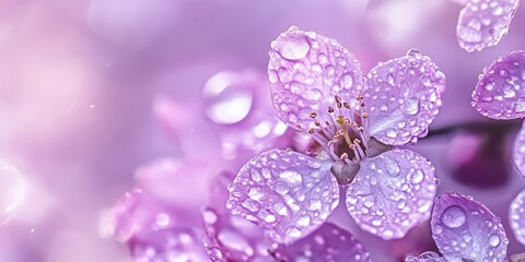 Delicate purple flower petals with glistening water droplets set against a soft blurred lilac background ideal for greeting cards or web banners