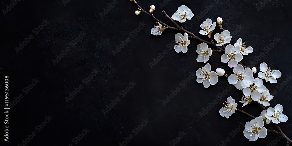 Poster delicate white plum blossom branch with dark background centered on left side creating ample copy sp
