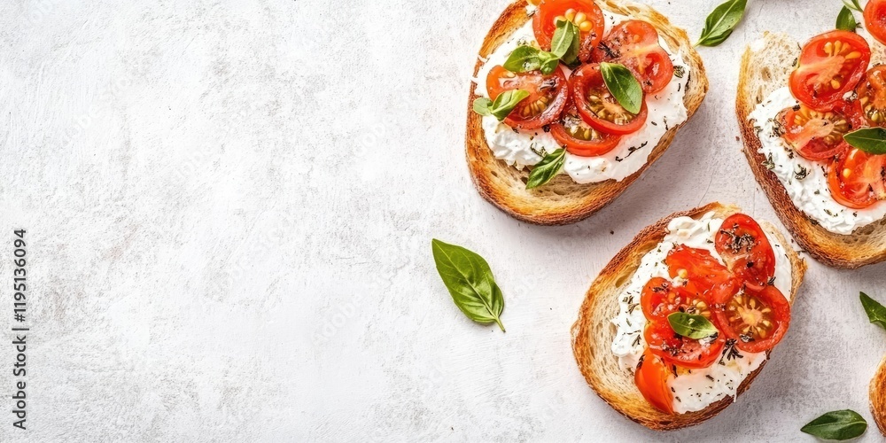 Poster Toasted bread bruschetta with cream cheese and cherry tomatoes on a light textured background ideal for adding text or design elements