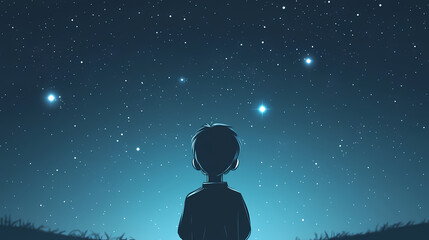 Boy gazing at night sky with twinkling stars in the vast cosmos. Starbright. Illustration