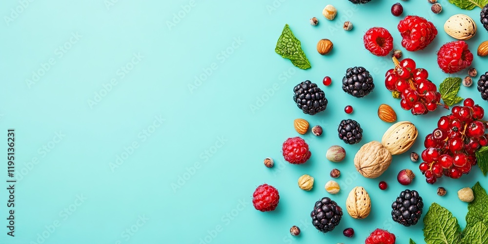 Poster vibrant assortment of fresh berries and nuts on mint green background with ample negative space for 