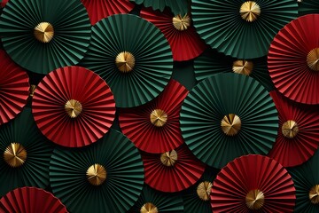 Red and gold paper fans on dark teal background. Festival or wedding traditional asian decoration. Chinese New Year, Mid-Autumn Festival. Frame with copy space for design greeting card, banner