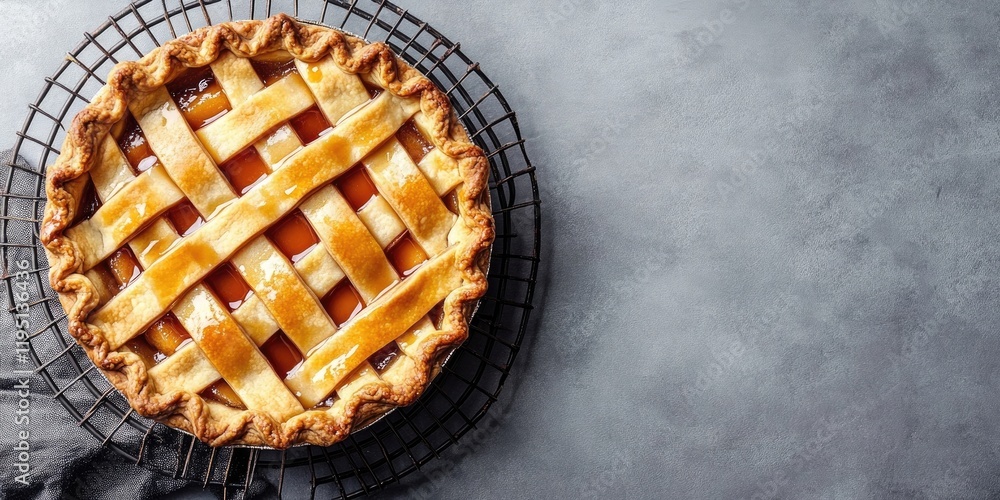 Poster golden lattice apple pie on a black cooling rack drizzled with caramel against a soft grey backdrop 