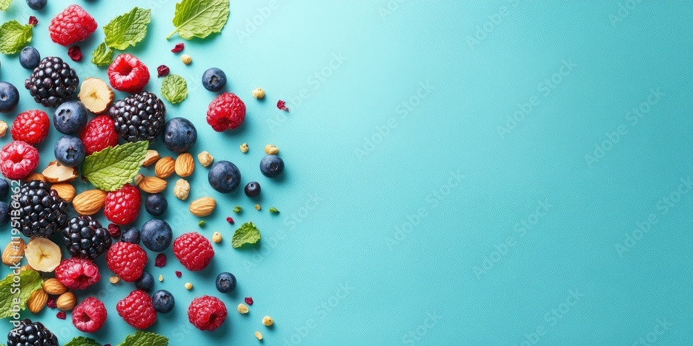 Poster vibrant assortment of fresh berries and nuts arranged on a light mint background with ample negative