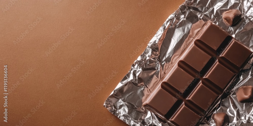 Poster chocolate bar wrapped in silver foil on a brown background with space for text positioned in the low
