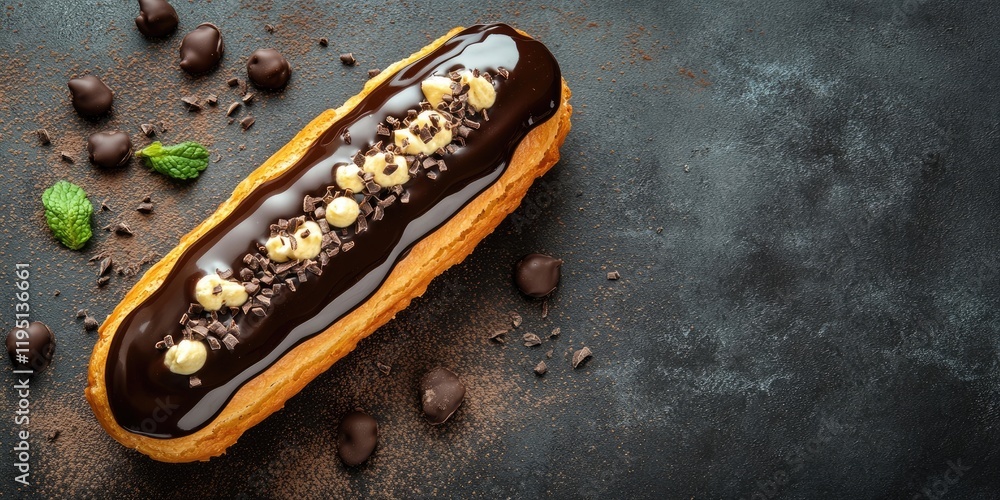 Poster aerial view of a chocolate eclair cake adorned with cream and chocolate sprinkles on a dark textured