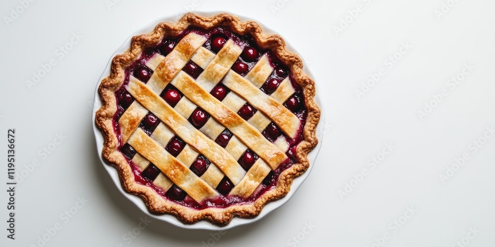 Poster delicious cherry pie with a golden lattice crust in a white dish centered on a bright white backgrou