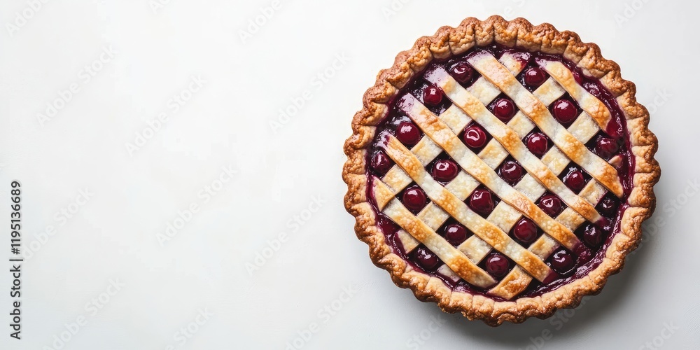 Poster delicious cherry pie with a golden lattice crust on a white background viewed from above ample space