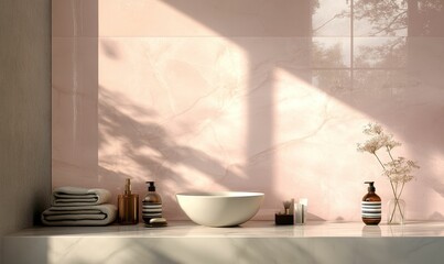 Serene bathroom; pink wall, bowl, toiletries, flowers.