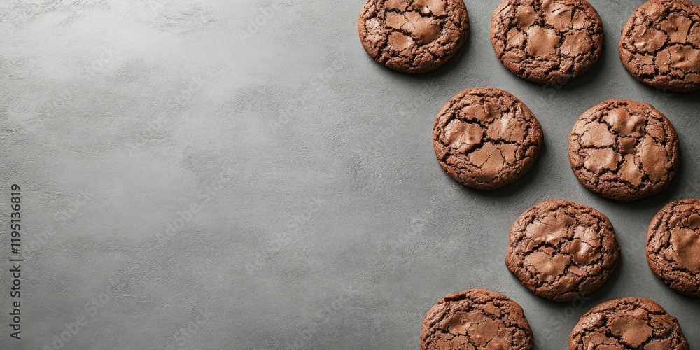 Poster chocolate cookies arranged on a grey concrete surface in a flat lay style with an empty space on the
