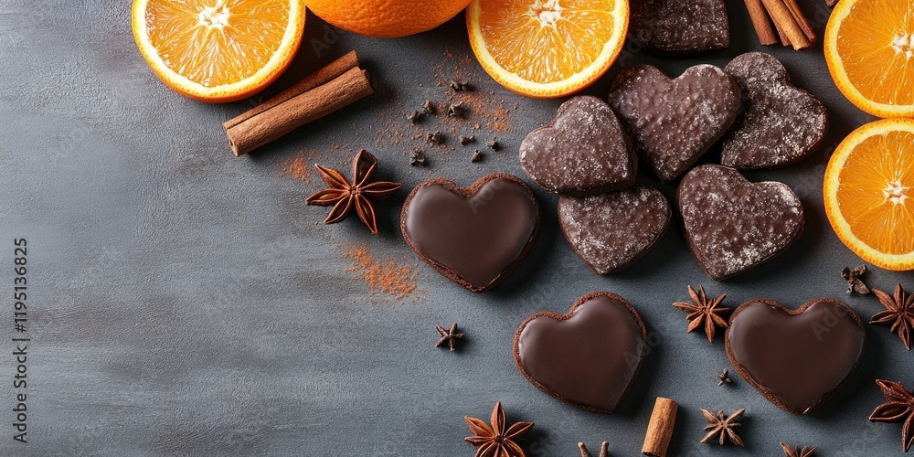 Poster chocolate heart-shaped cookies arranged alongside fresh orange slices and fragrant spices on a gray 