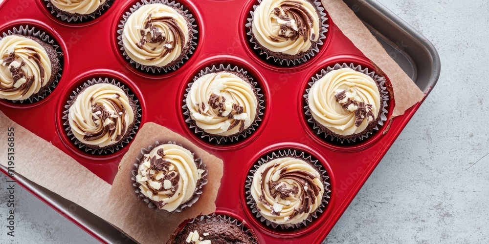Poster chocolate and vanilla cupcakes with swirled frosting in red tins on a baking tray lined with paper o