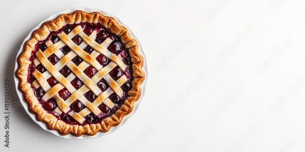 Poster cherry pie with a golden crust and lattice top positioned centrally on a white background with ample