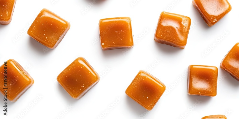 Poster caramel candies in rich amber color arranged on a white background with ample copy space for text or