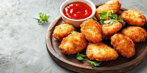 Crispy golden chicken nuggets arranged on a wooden tray with fresh parsley and a bowl of rich tomato sauce against a light gray background