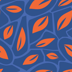 Seamless pattern with orange leaves on a dark blue background. Vector illustration