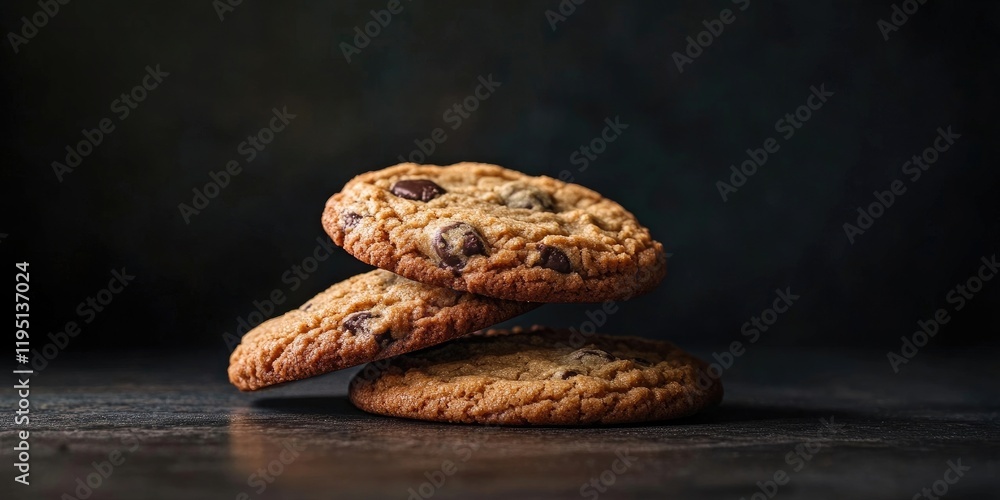 Poster stack of three chocolate chip cookies positioned on a dark textured surface with a blurred backdrop 