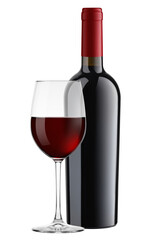 red Wine Bottle, Wineglass, isolated on white background, full depth of field