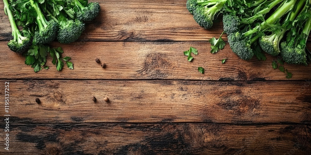Poster fresh broccolini and herbs arranged on a rustic wooden table with a top-down view featuring ample sp