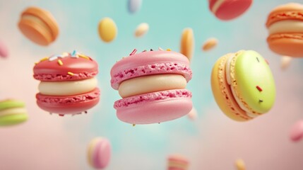 Vibrant macarons with sprinkles appear to float in a dreamy pastel sky, creating a delightful and whimsical scene.