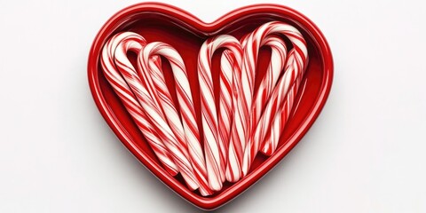 Red heart-shaped dish filled with striped candy canes set against a clean white background, ideal for festive holiday celebrations and treats