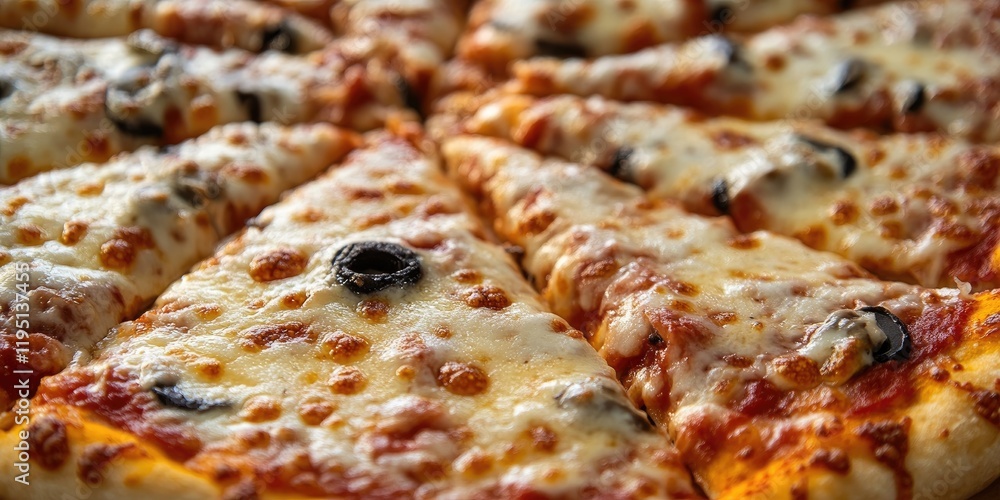 Poster cheesy pizza slices arranged in a circular pattern with golden crusts and tantalizing toppings inclu