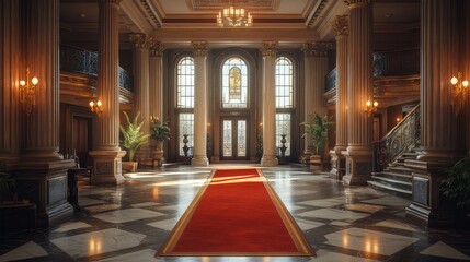 Fototapeta premium Elegant interior of a grand hall with red carpet, columns, and decorative windows.