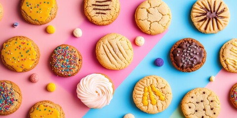Colorful assortment of cookies on pink and blue background with sprinkles and icing, featuring circular shapes and soft textures, inviting and vibrant.