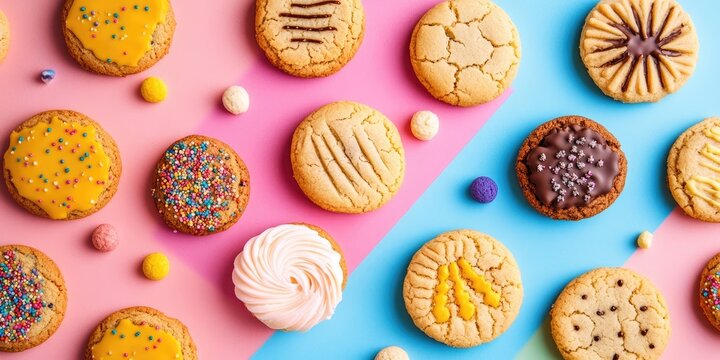 Colorful assortment of cookies on pink and blue background with sprinkles and icing, featuring circular shapes and soft textures, inviting and vibrant.