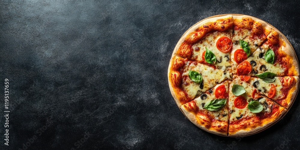 Poster freshly baked pizza topped with tomatoes and basil on a dark textured background with ample copy spa