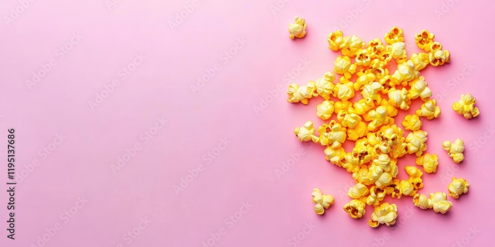 Poster vibrant yellow popcorn scattered on a soft pink background creating an inviting, cinematic atmospher