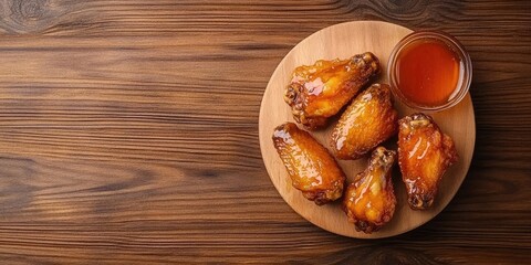 Golden fried chicken wings drizzled with hot honey on a round wooden platter beside a small jar of honey on a dark wood surface