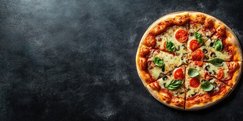 Freshly baked pizza topped with tomatoes and basil on a dark textured background with ample copy space on the left for text or branding.