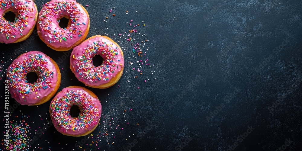 Poster colorful pink donuts with vibrant sprinkles arranged on a dark textured background with ample negati