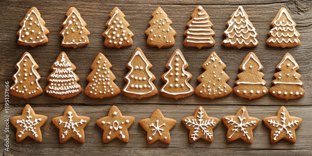 Poster festive gingerbread cookies in star and tree shapes with white icing decorations displayed in rows o