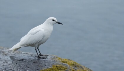 Fototapeta premium White bird is standing on a rock by a body of water. The scene is peaceful and serene, with the bird being the focal point of the image