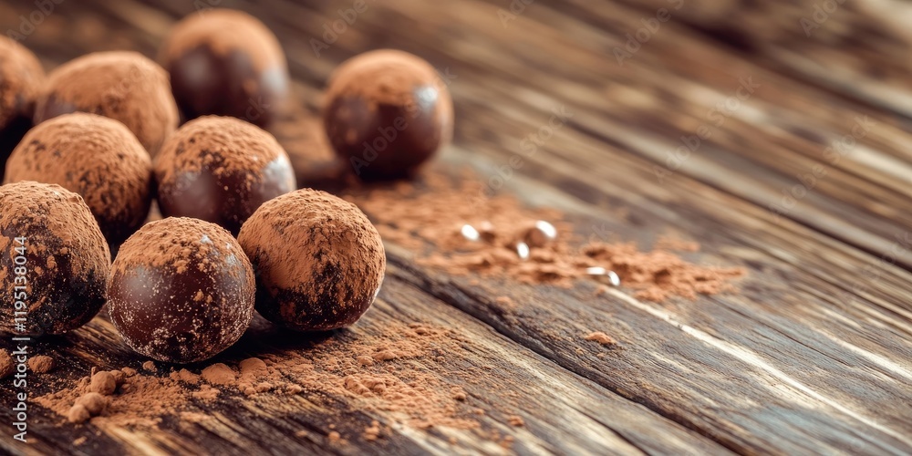 Poster homemade chocolate truffles dusted with cocoa powder arranged on a dark rustic wooden surface with s