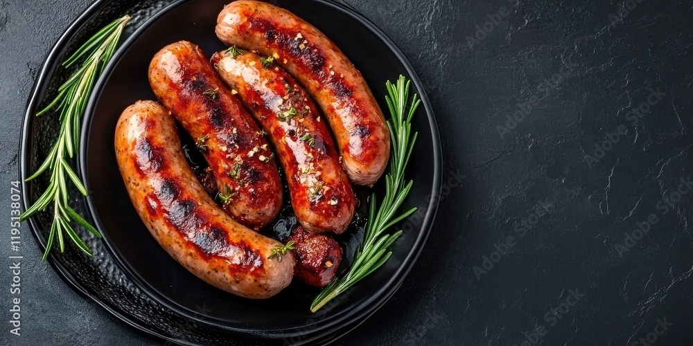 Aufkleber grilled sausages garnished with herbs on a dark plate against a textured stone background with ample
