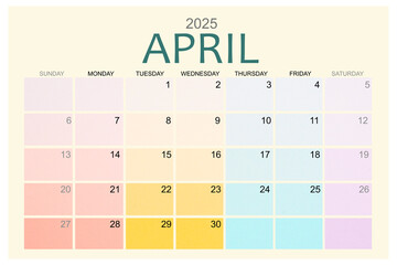 April 2025 Colorful calendar page isolated on white background.