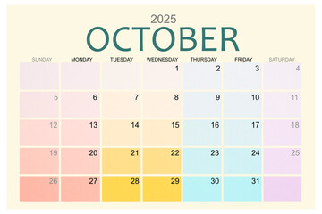 October 2025 Colorful calendar page isolated on white background.