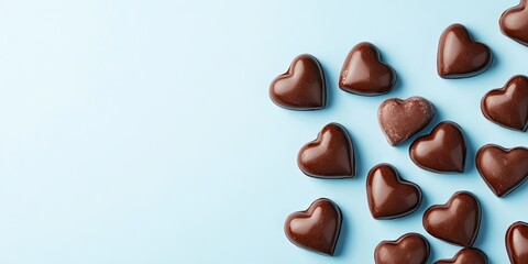 Fototapeta premium Heart-shaped chocolate candies arranged on a light blue background, viewed from above with ample negative space on the left for text.