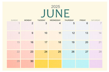 June 2025 Colorful calendar page isolated on white background.