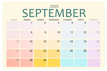 September 2025 Colorful calendar page isolated on white background.